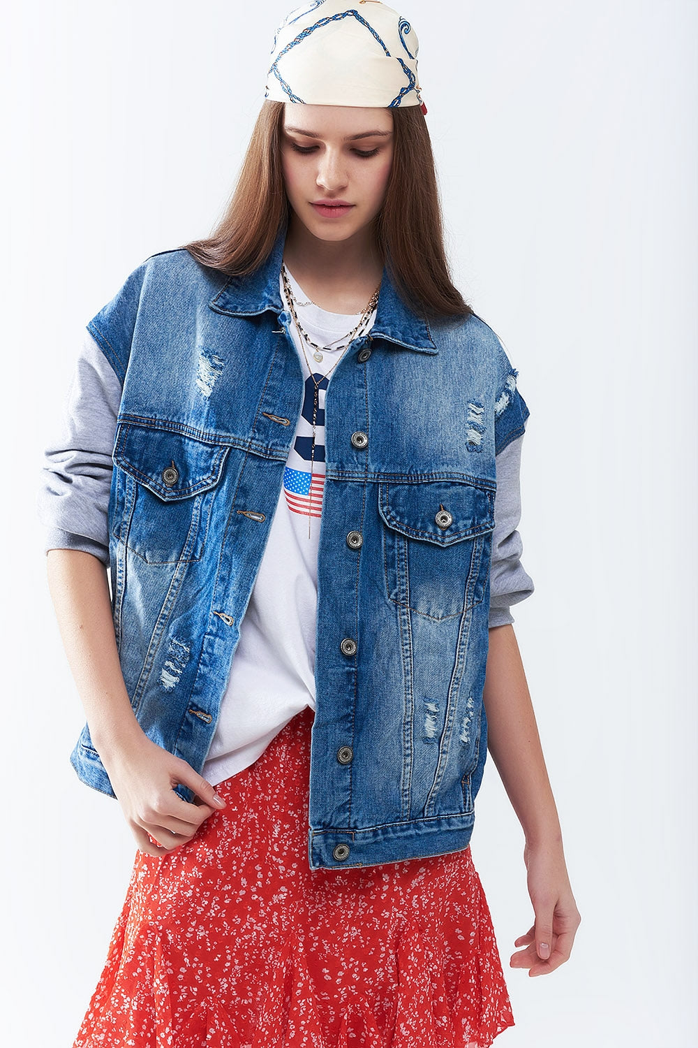 Jaqueta jeans com mangas de tecido jogging