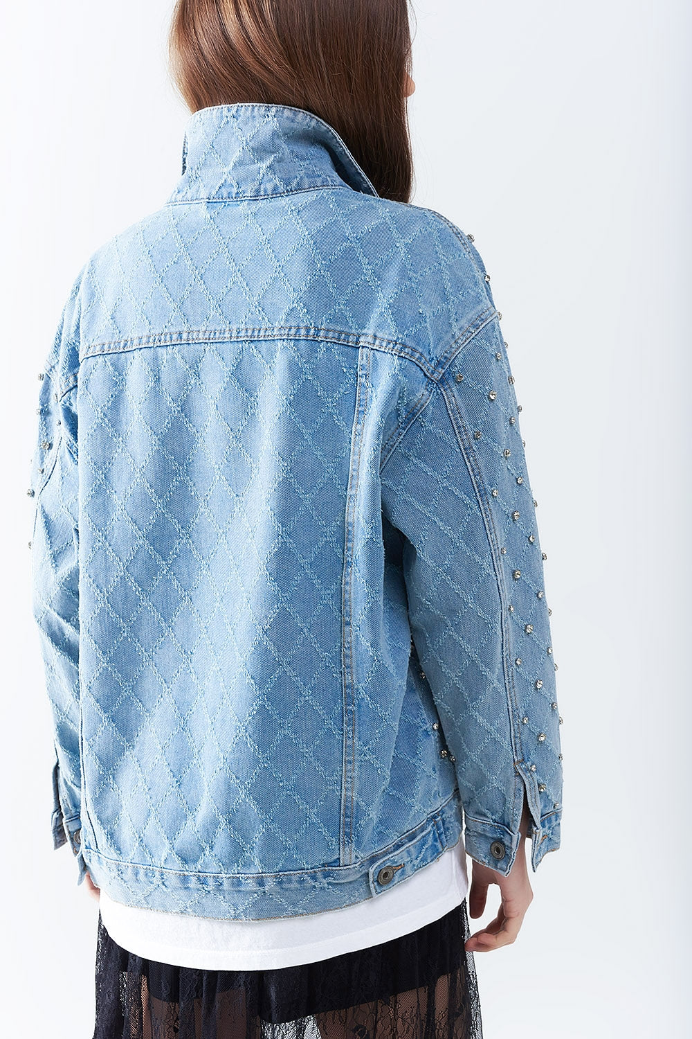Jaqueta jeans larga com strass em padrão diamante