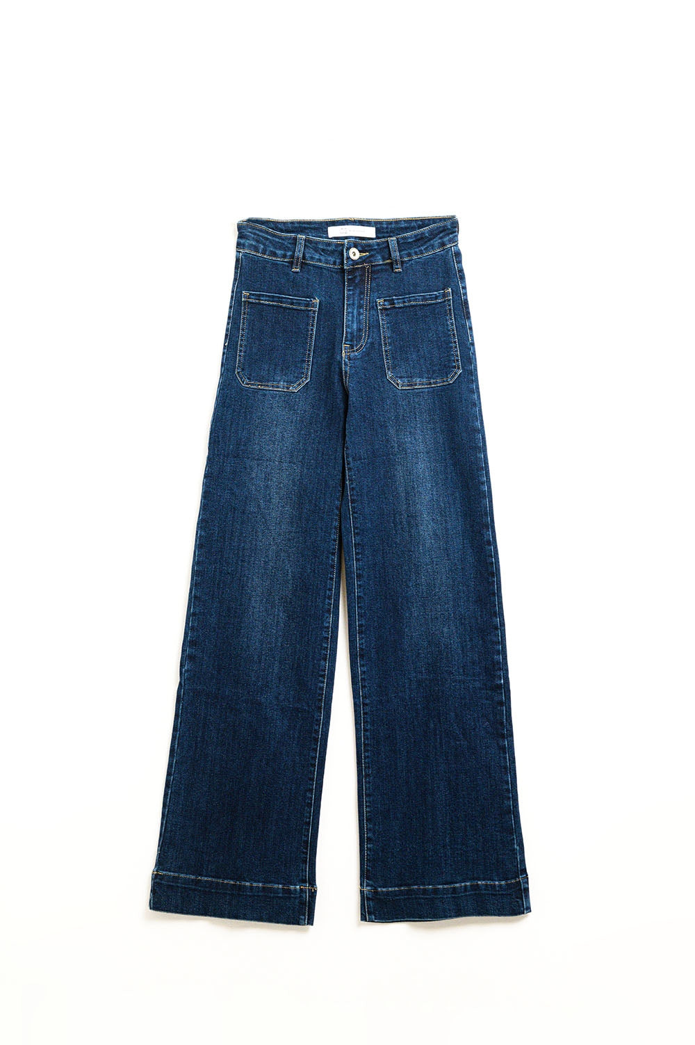 Jeans de lavagem escura com perna larga e bolsos