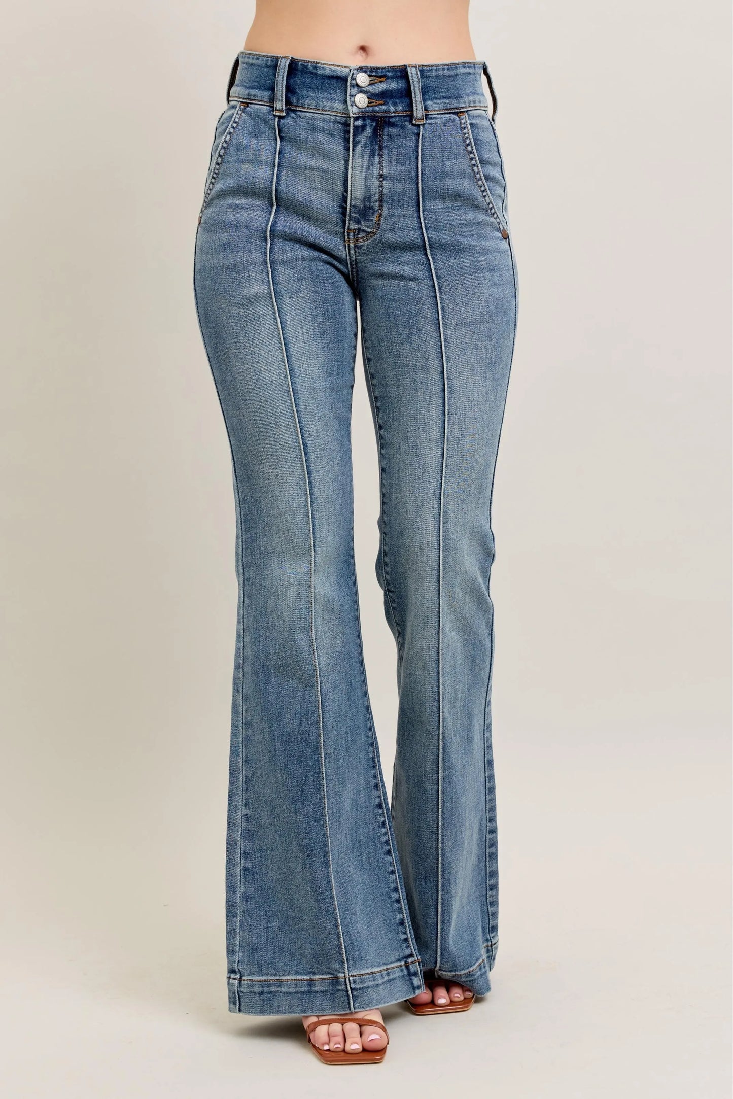 Judy Blue front seam denim pants in light blue with high waist and flared legs
