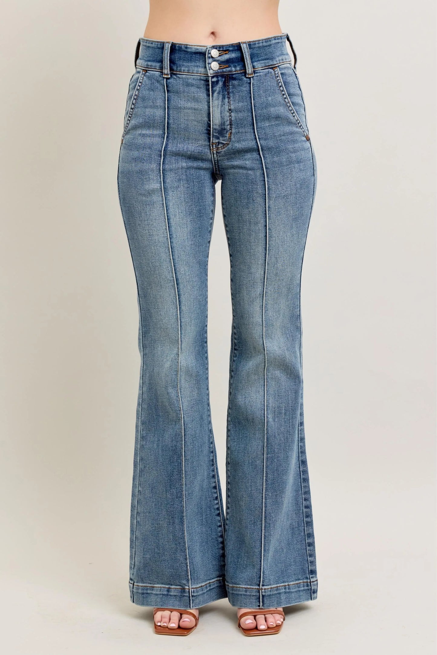 Judy Blue front seam denim pants in light blue high-waisted flared style