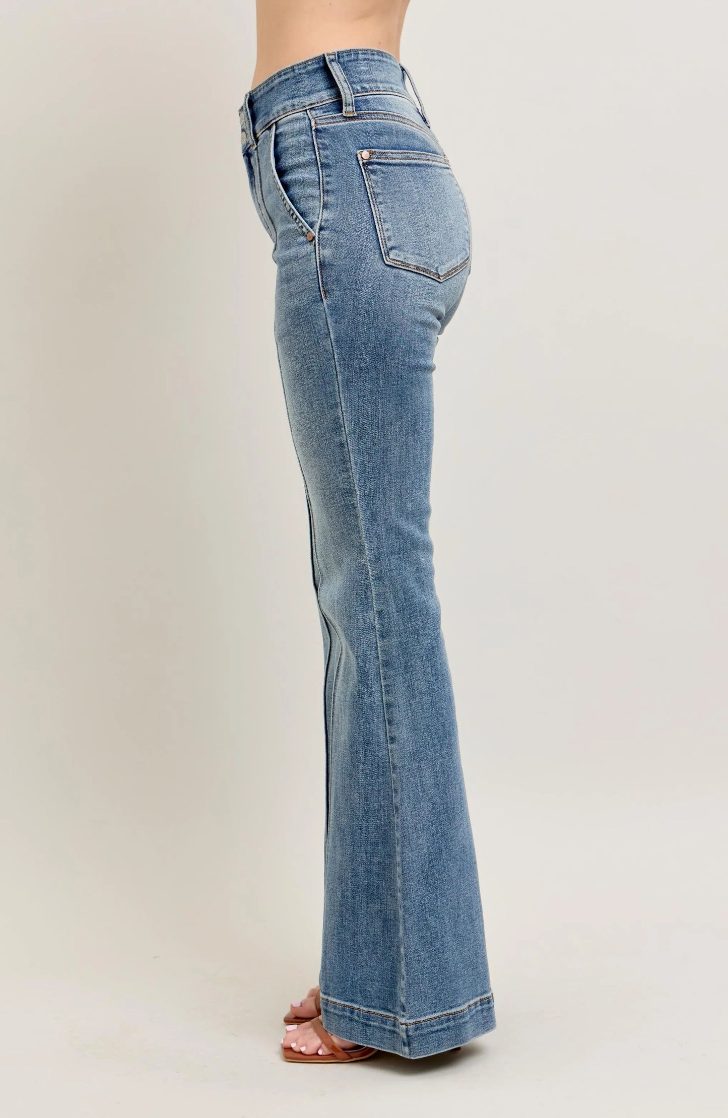 Judy Blue front seam denim pants in light blue with a high waist and flared leg