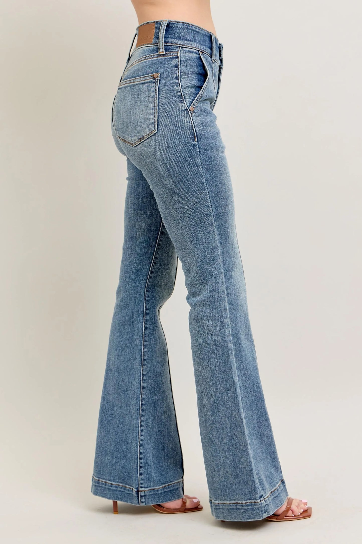 Judy Blue front seam denim pants in light blue with a flared leg and high waist