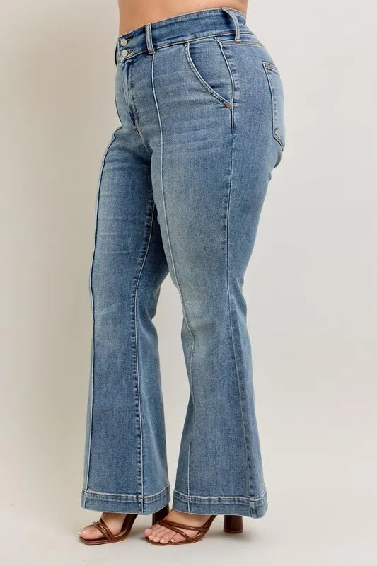 Judy Blue front seam denim pants in light blue with a high waist and slight flare leg