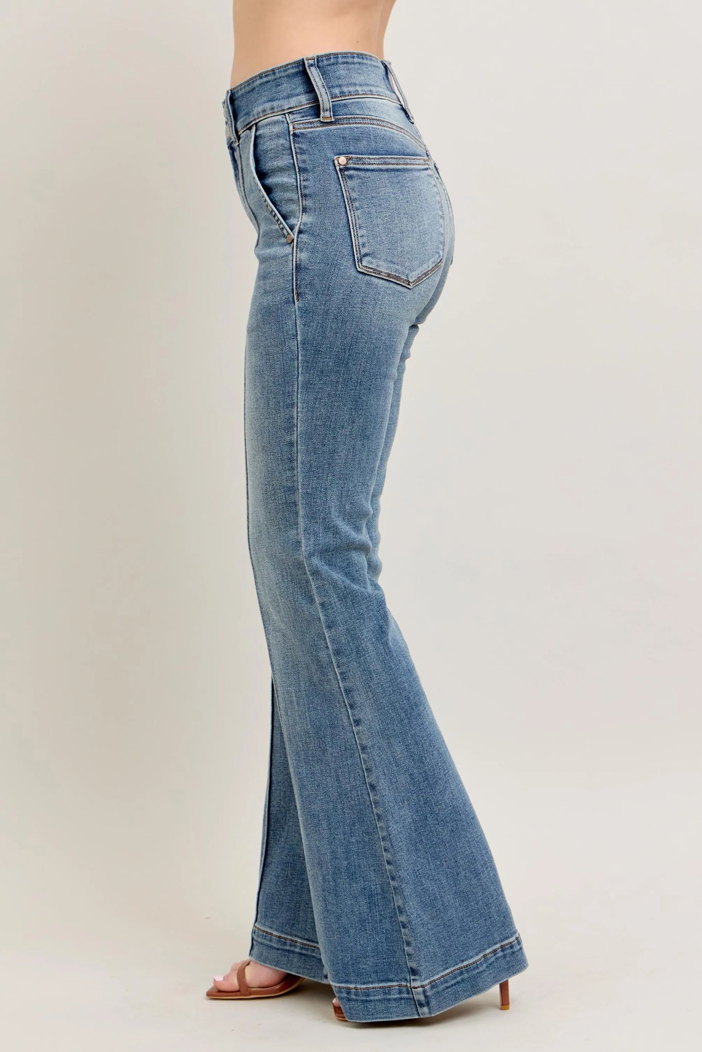 Judy Blue front seam denim pants in light blue with a high waist and flared legs