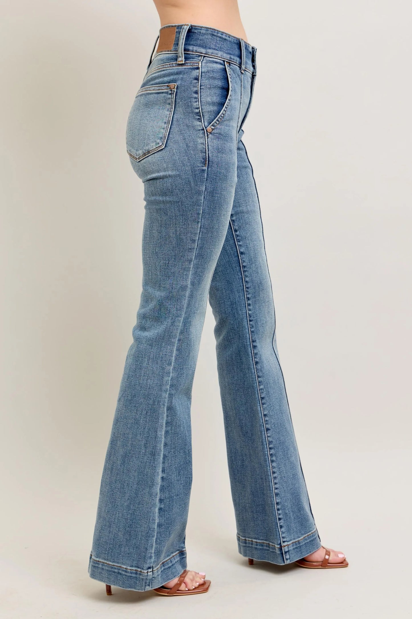 Judy Blue front seam denim pants in light blue wash with high waist and flared legs
