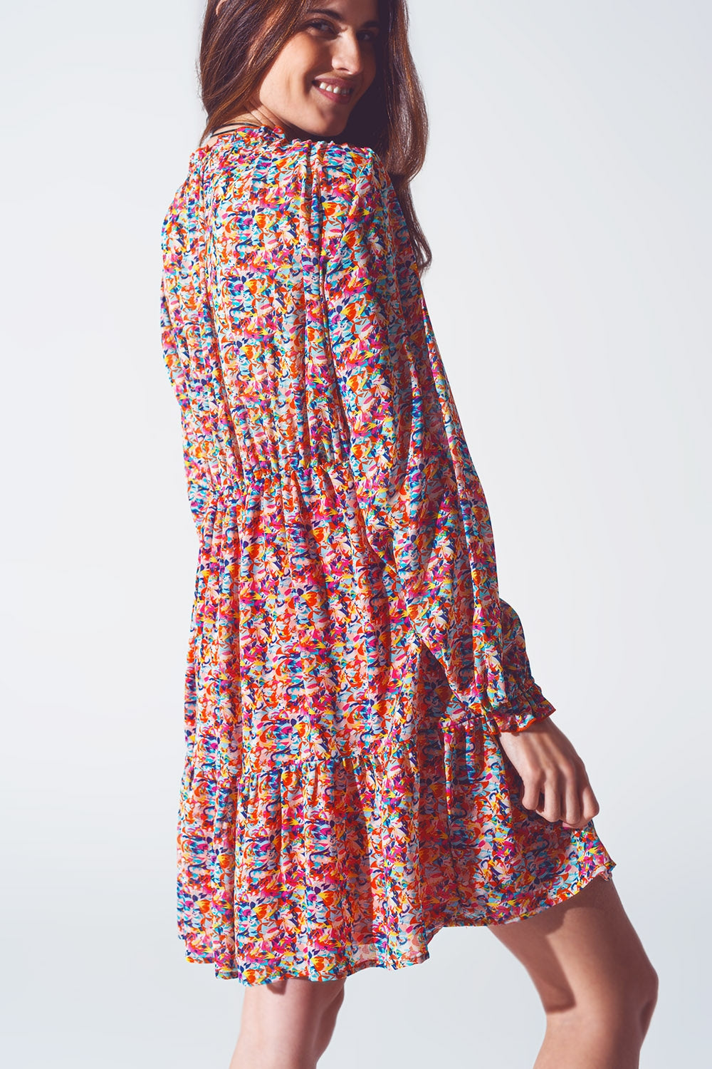 Mini Vestido Floral em V Pescoço em Multicor