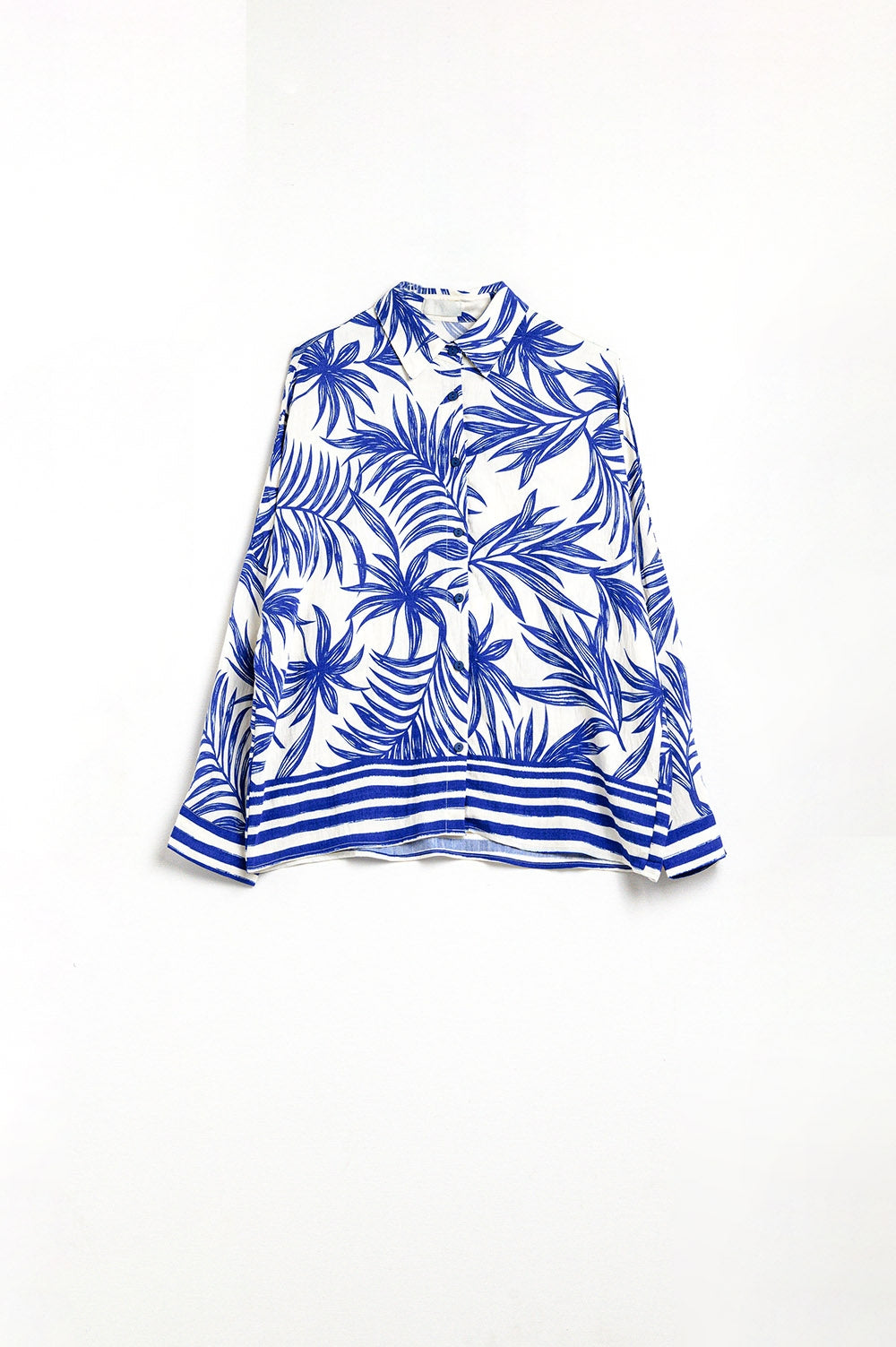 Motivo Tropical Blusa Relaxada em Azul e Branco