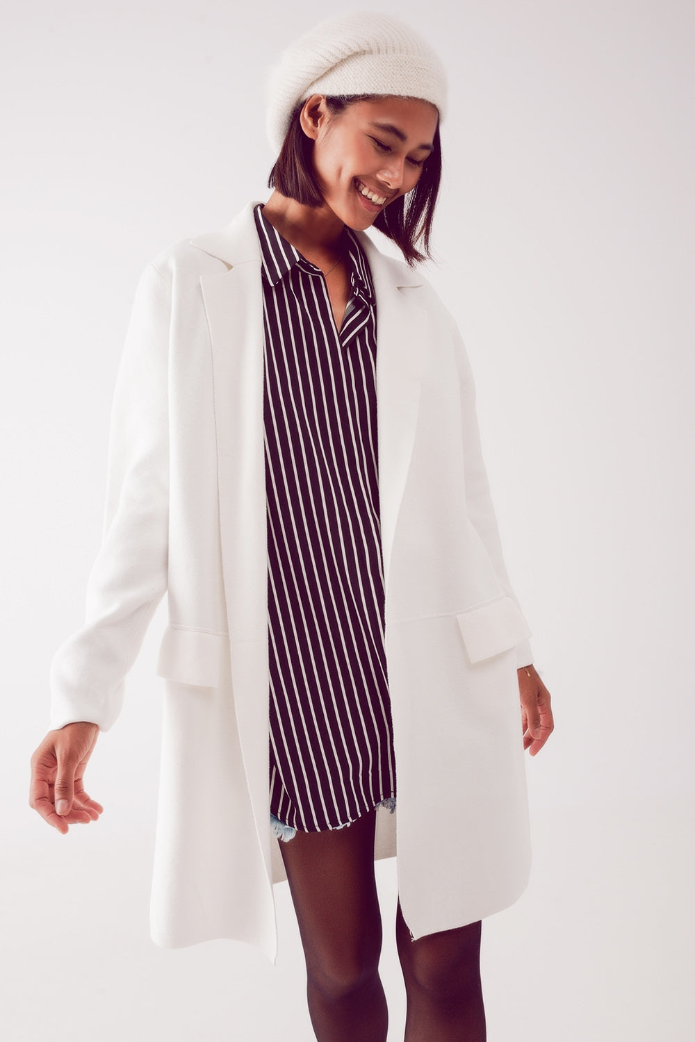cardigan longo com gola oversized em creme