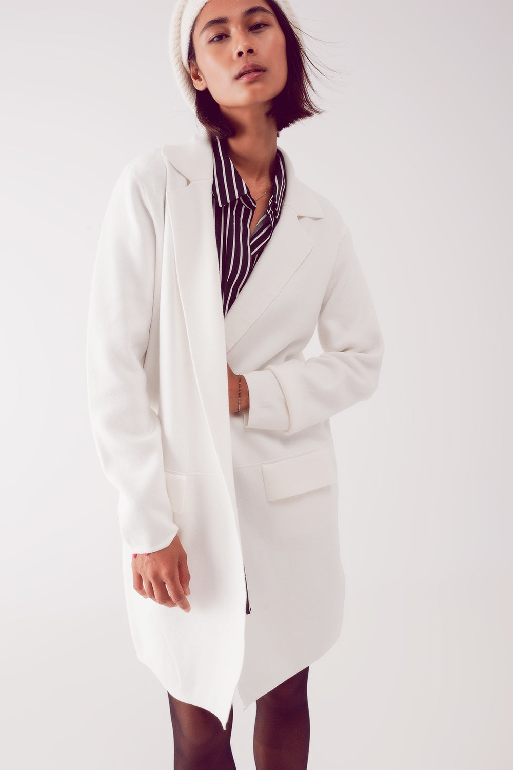 cardigan longo com gola oversized em creme