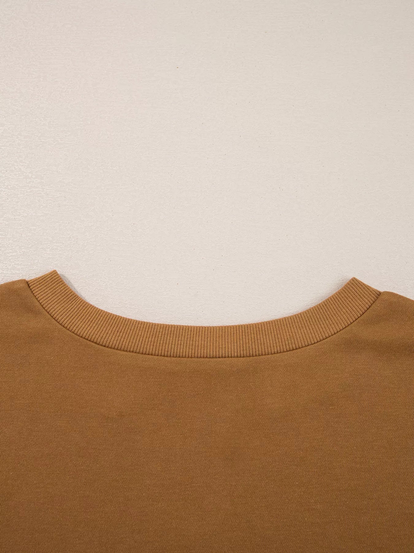 Back view of Oversized Textured Split Neck High Low Sweatshirt in warm brown for a relaxed style