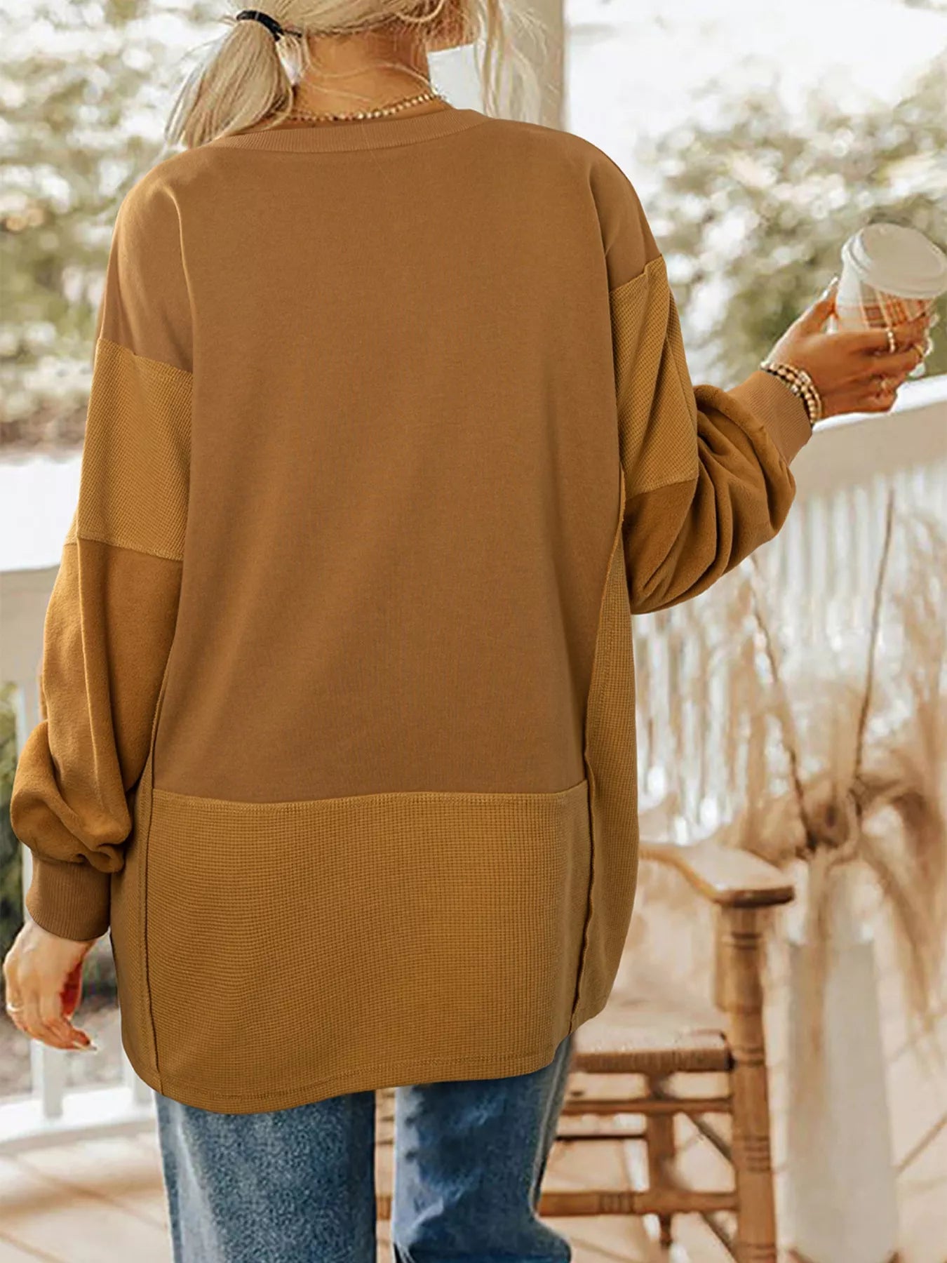 Oversized Textured Split Neck High Low Sweatshirt in earthy tones for a relaxed casual look