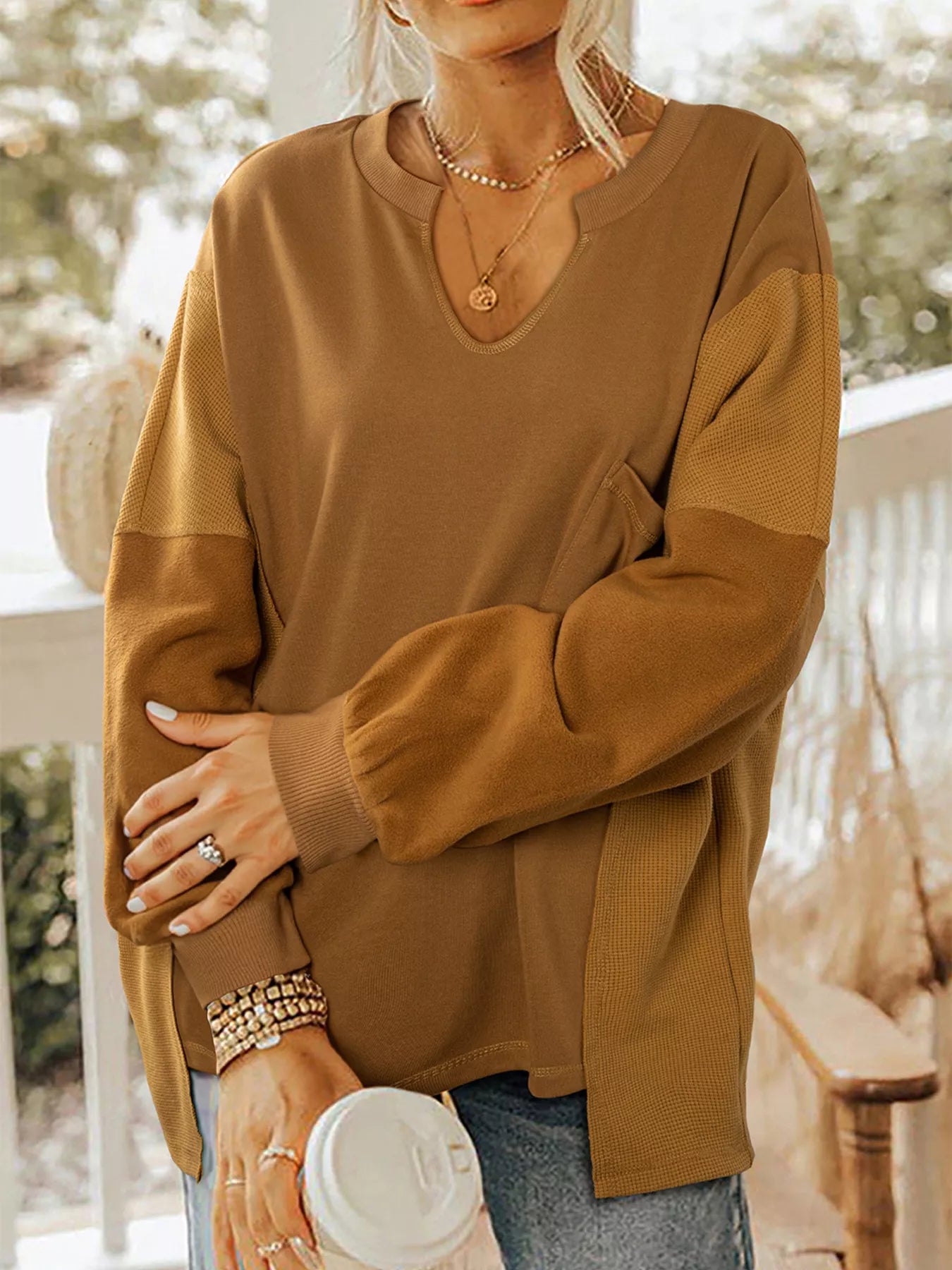 Oversized Textured Split Neck High Low Sweatshirt in Brown for a Stylish and Comfortable Look