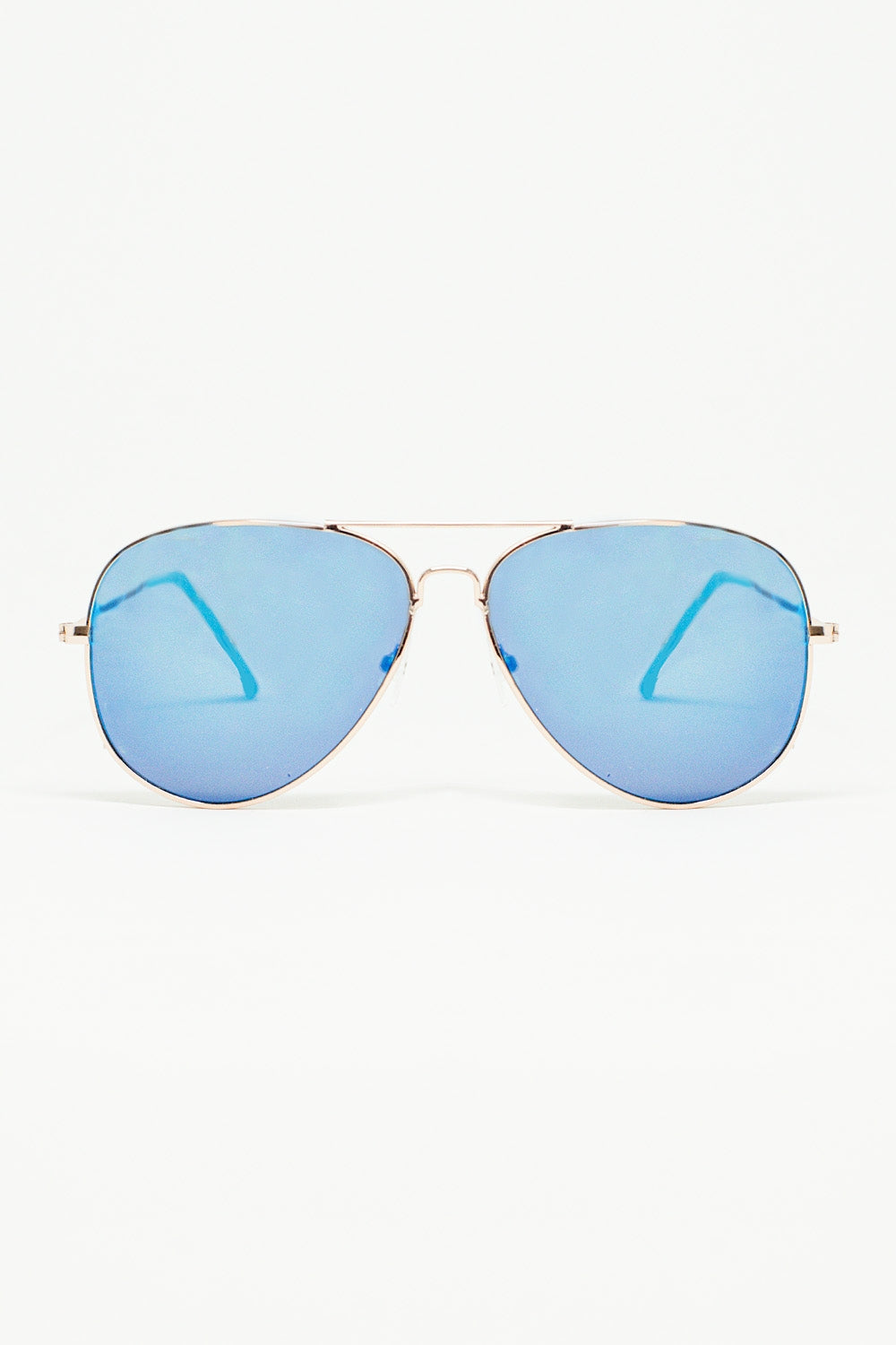 Q2 Retro Aviator Sunglasses With Blue Smoke Lense and Golden Frame