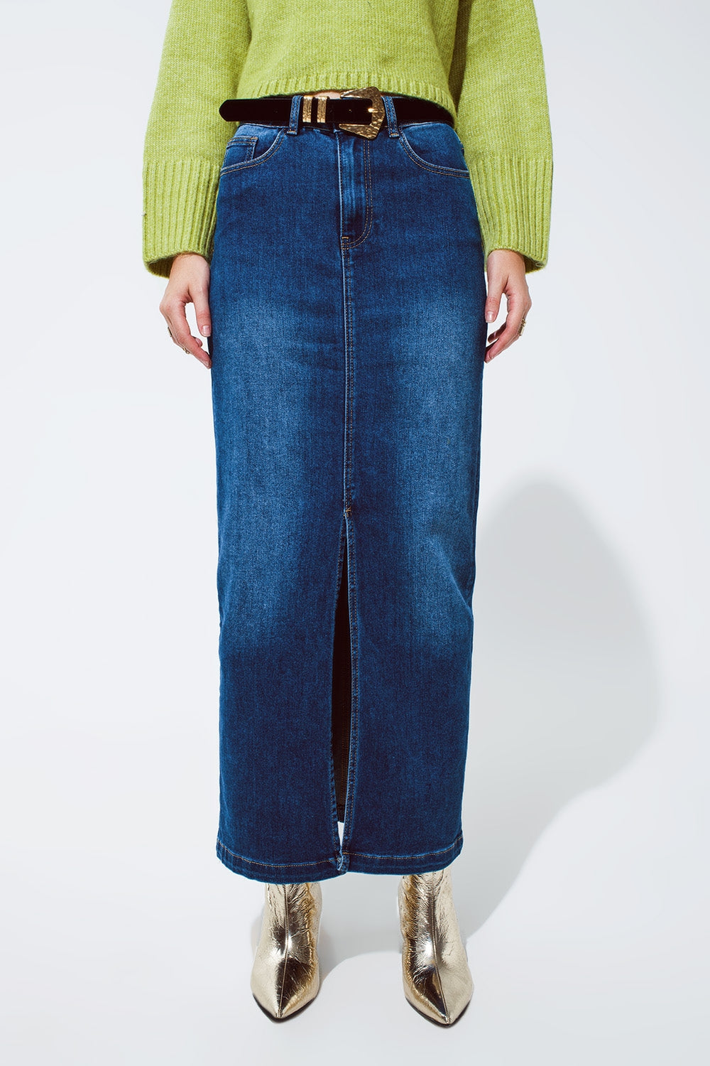 Q2 Saia Maxi de Denim Elástico com Fenda na Frente em