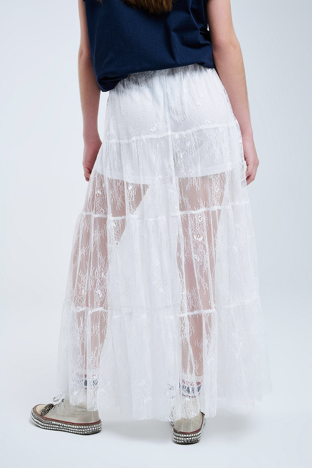 saia maxi de renda branca com estampa floral