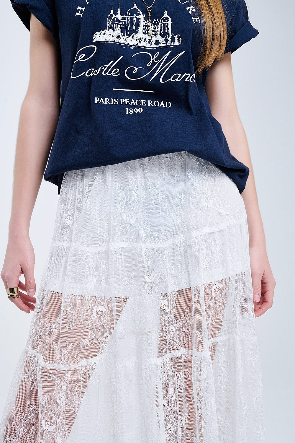 saia maxi de renda branca com estampa floral