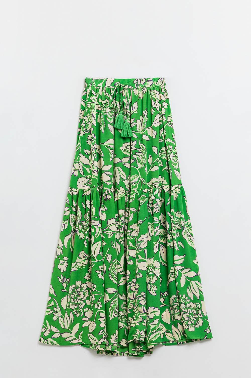 Saia maxi em camadas com estampa floral verde