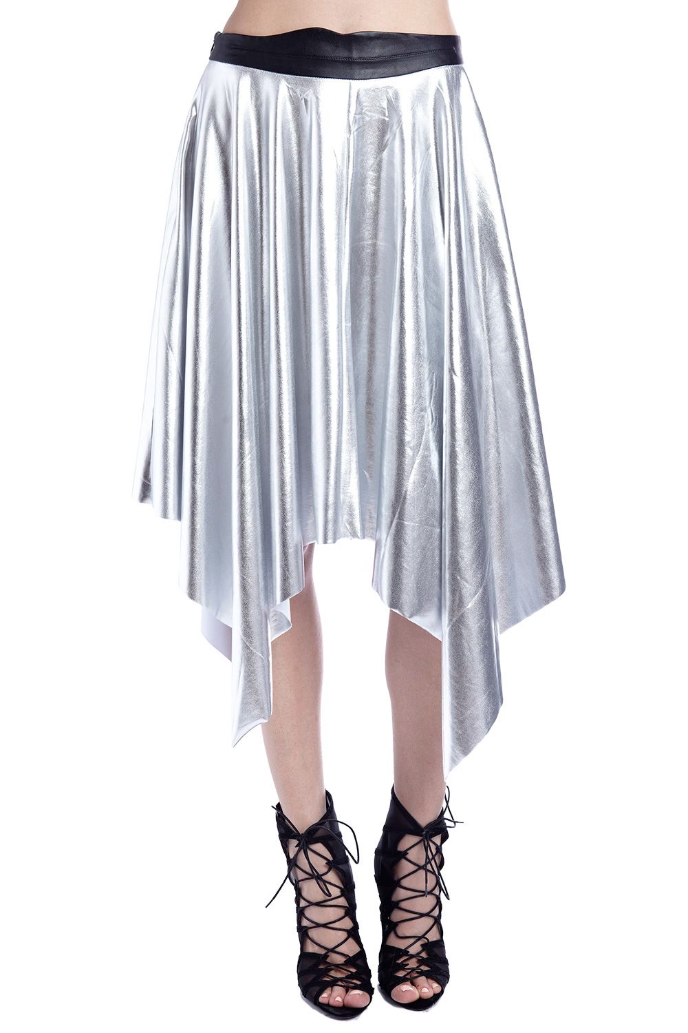 Silver pleated midi skirt with asymmetrical hem worn with black lace-up heels