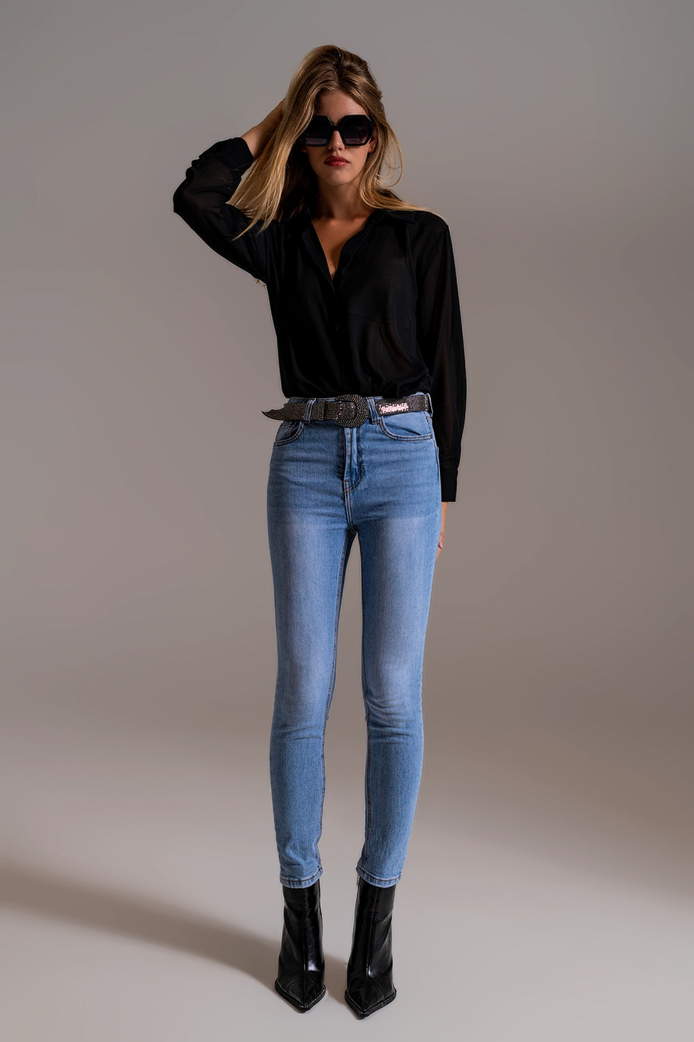 Jeans Skinny Cintura Alta Lavagem Clara