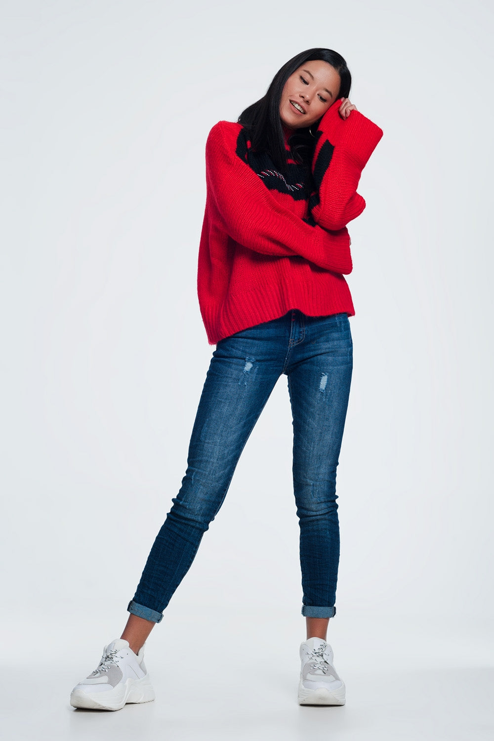 jeans skinny com detalhe de desgaste