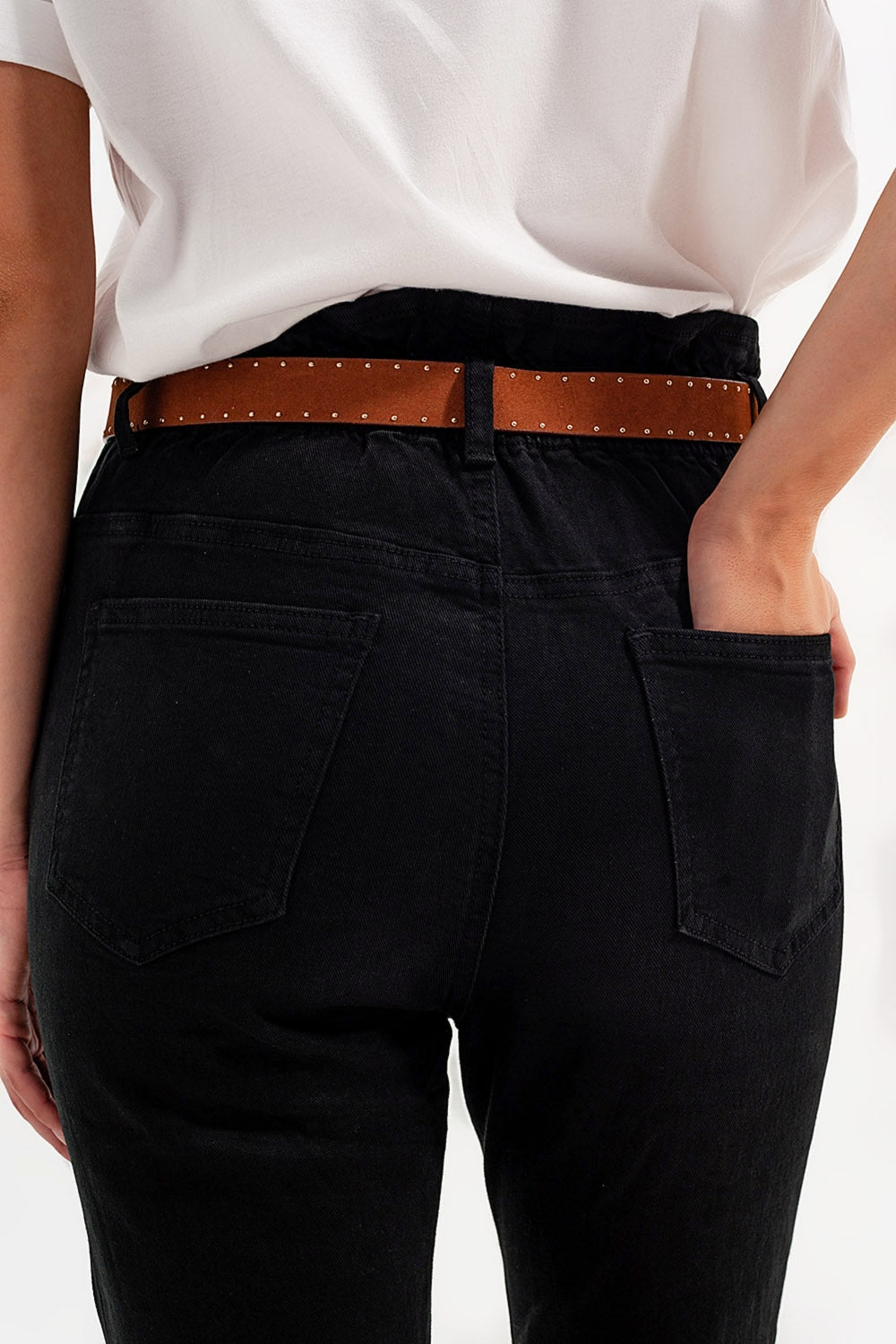 Jeans stretch paperbag cintura reta preto