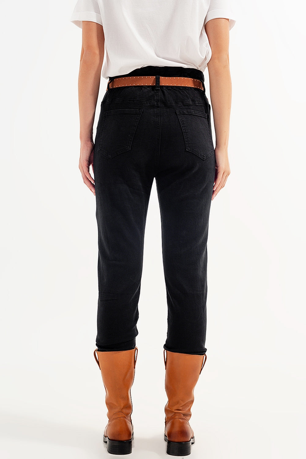 Jeans stretch paperbag cintura reta preto