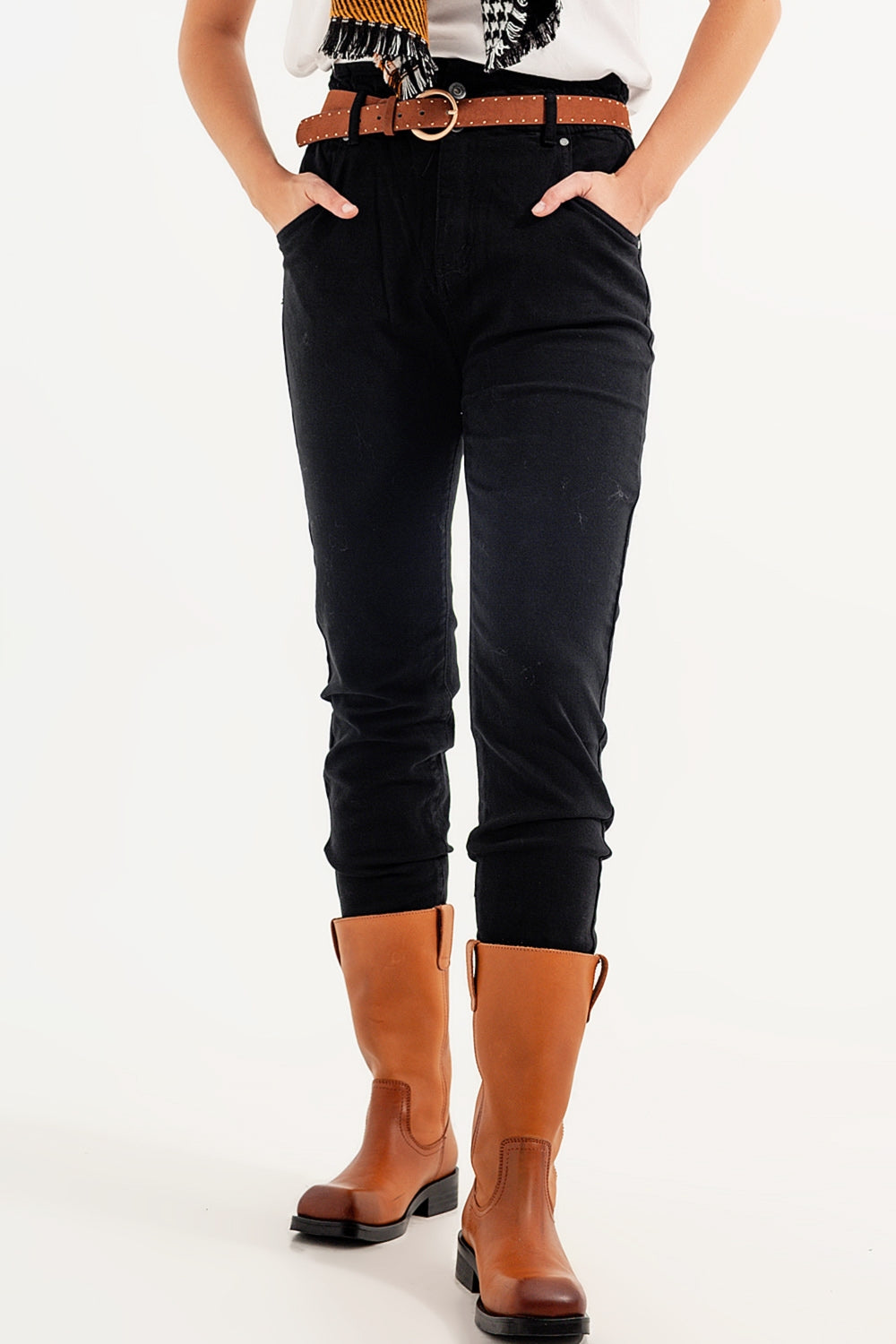 Jeans stretch paperbag cintura reta preto
