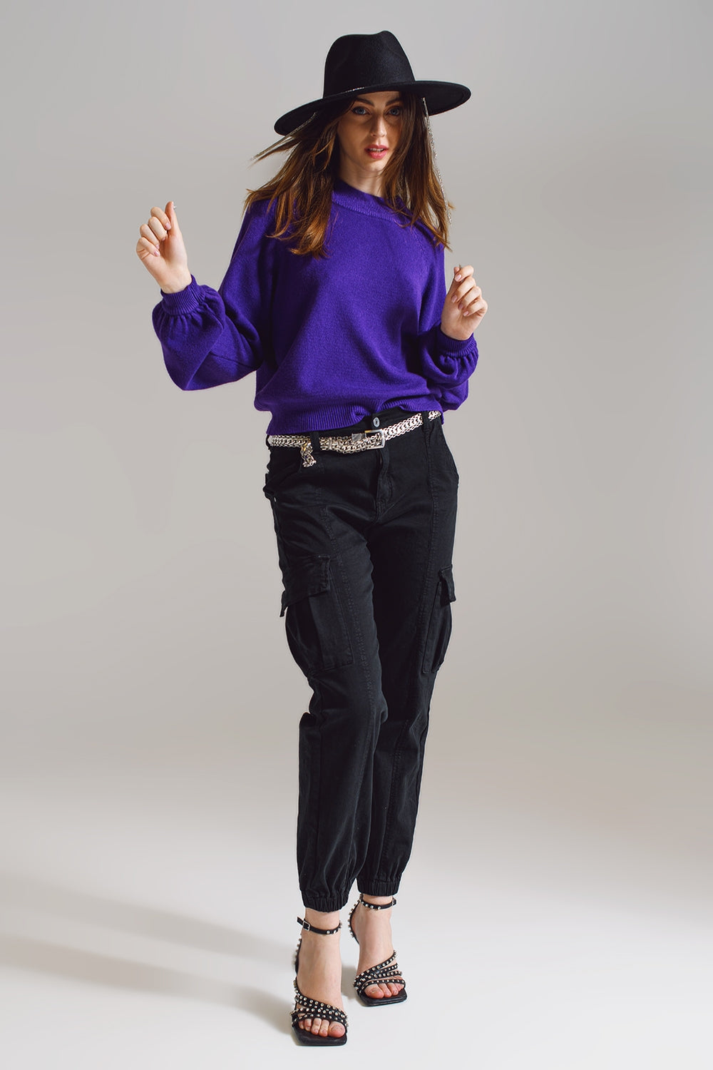 suéter roxo de estilo descontraído com mangas bufantes