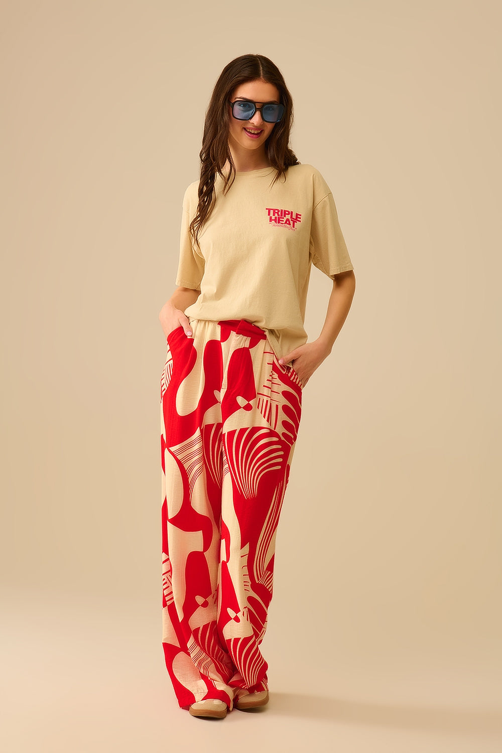 Camiseta de manga curta TRIPLE HEAT bege de corte descontraído
