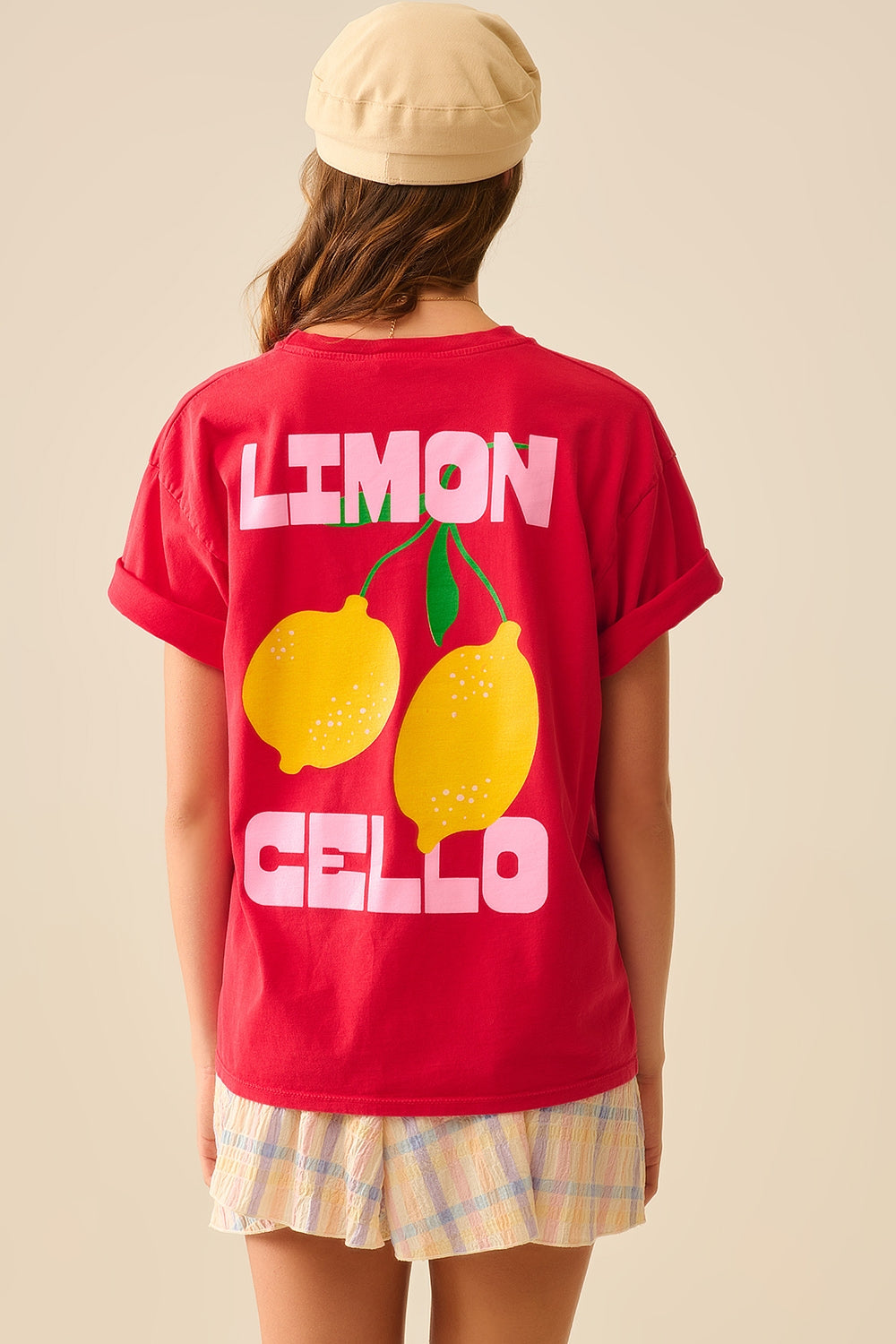 T-shirt vermelha descontraída com estampado de limão fabricada em Itália