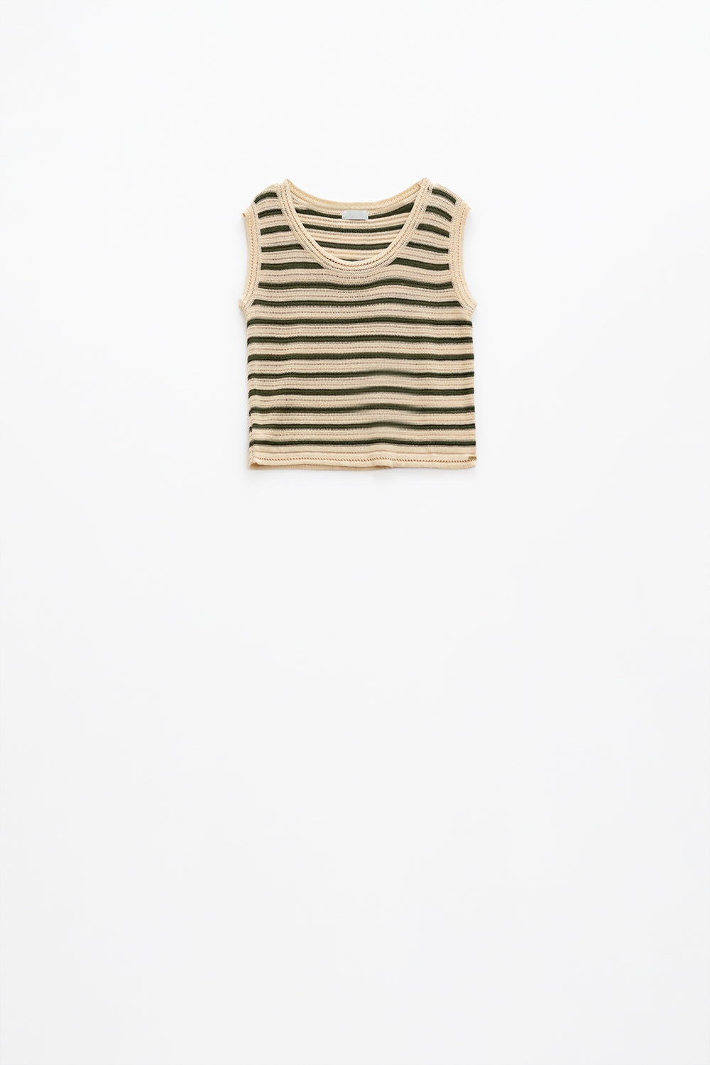 Top de malha sem mangas em creme com riscas khaki