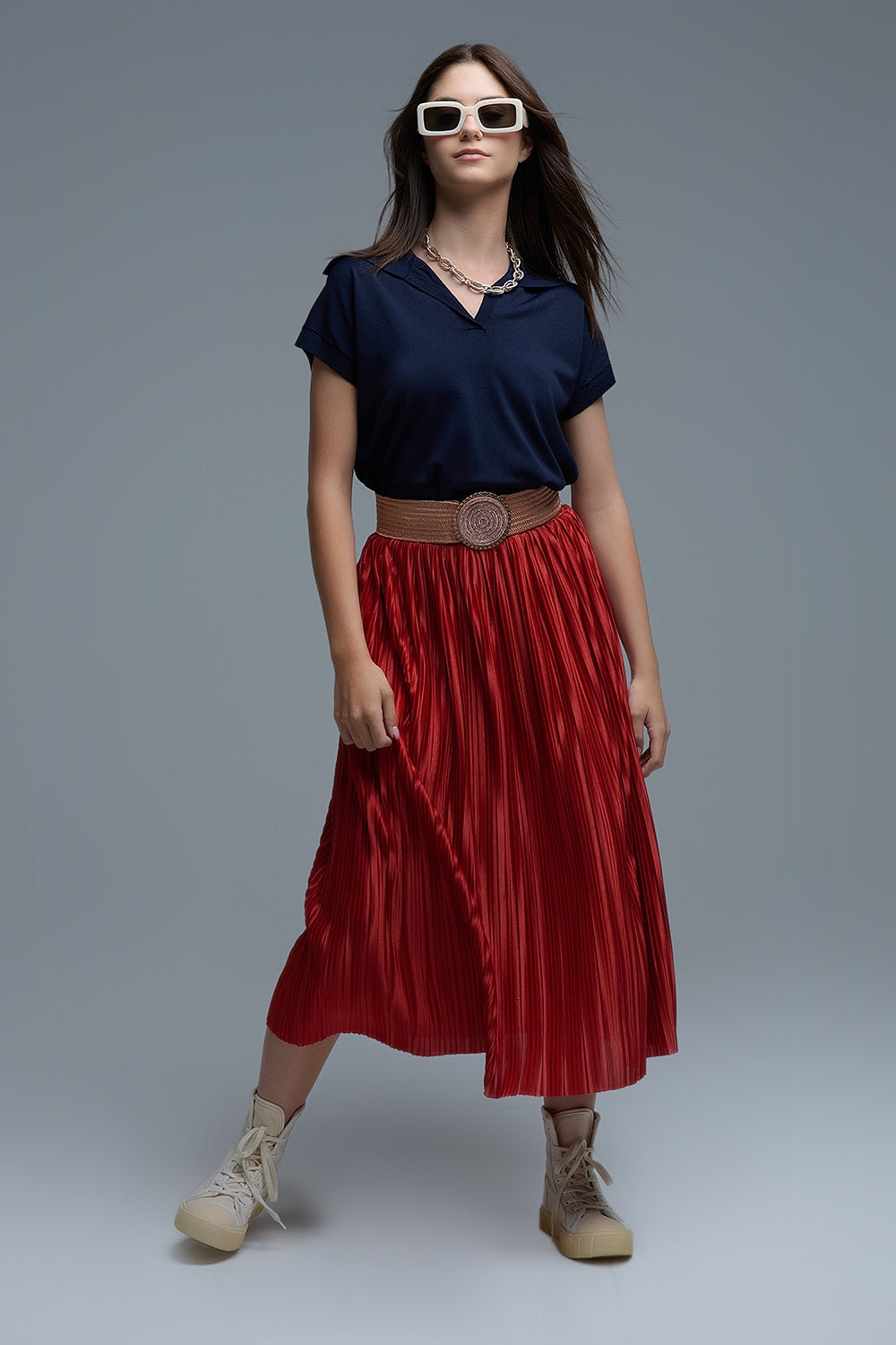Top de manga curta estilo polo de malha fina em azul-marinho
