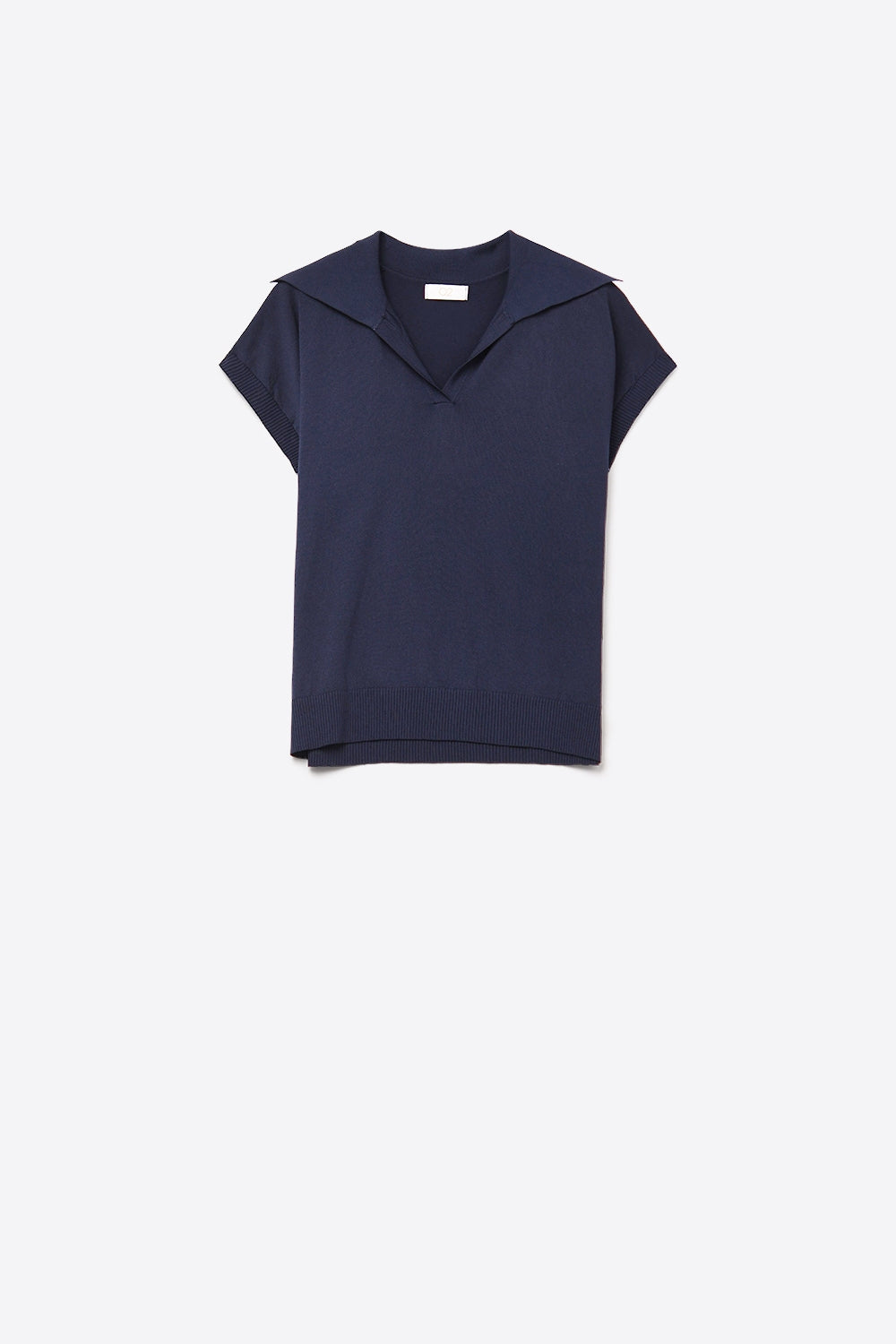 Top de manga curta estilo polo de malha fina em azul-marinho