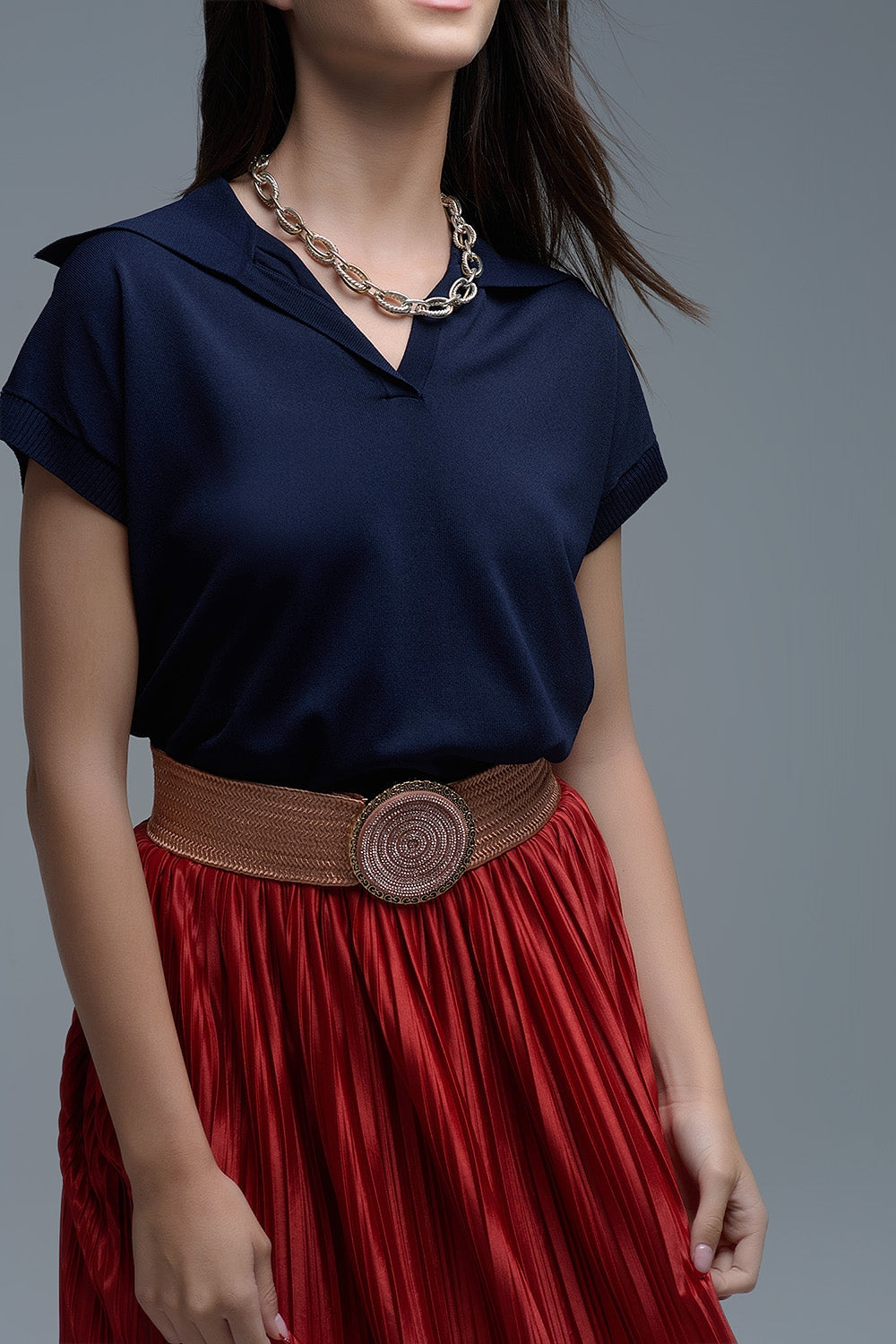 Top de manga curta estilo polo de malha fina em azul-marinho