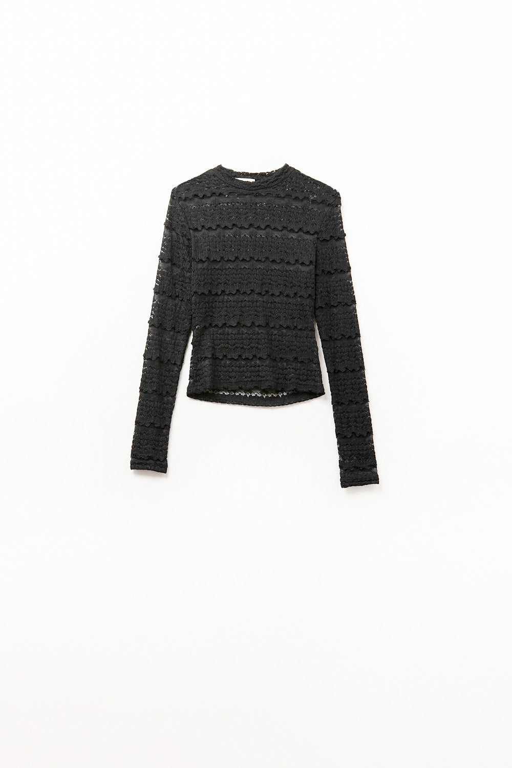 Q2 Top de Renda Floral com Gola Redonda em Preto
