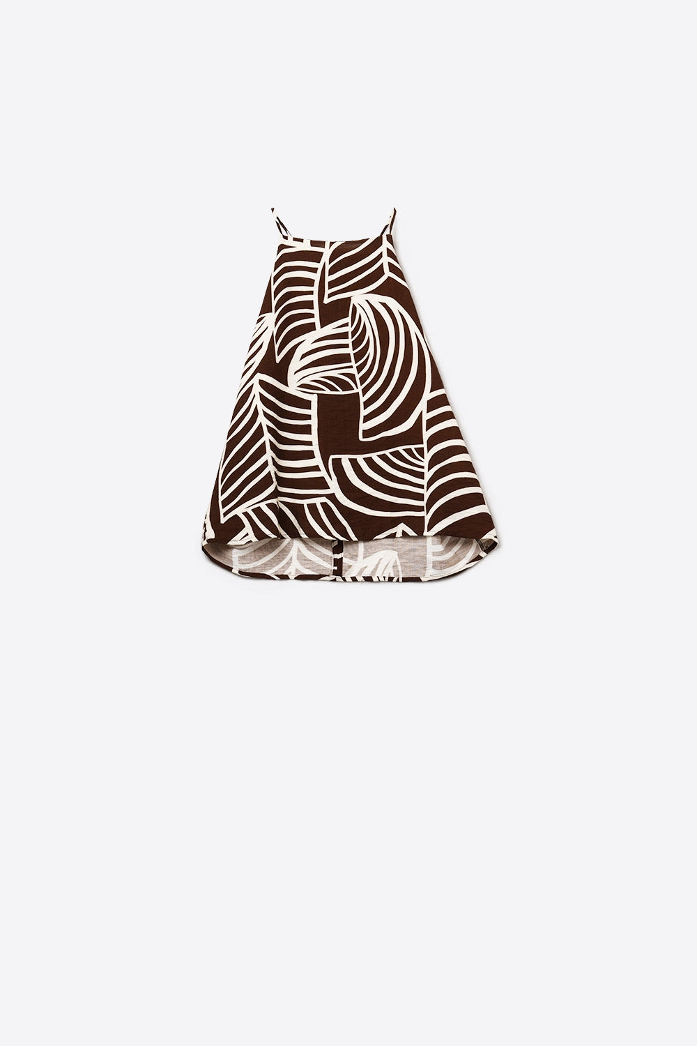 Top sem mangas castanho com estampado de folhas brancas
