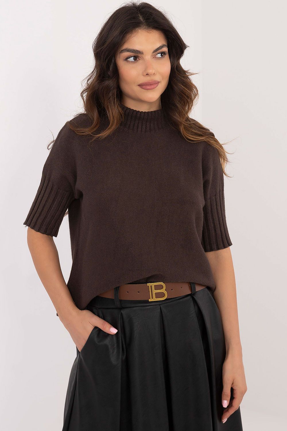 BFG brown short sleeve turtle neck sweater with ribbed sleeves and relaxed fit