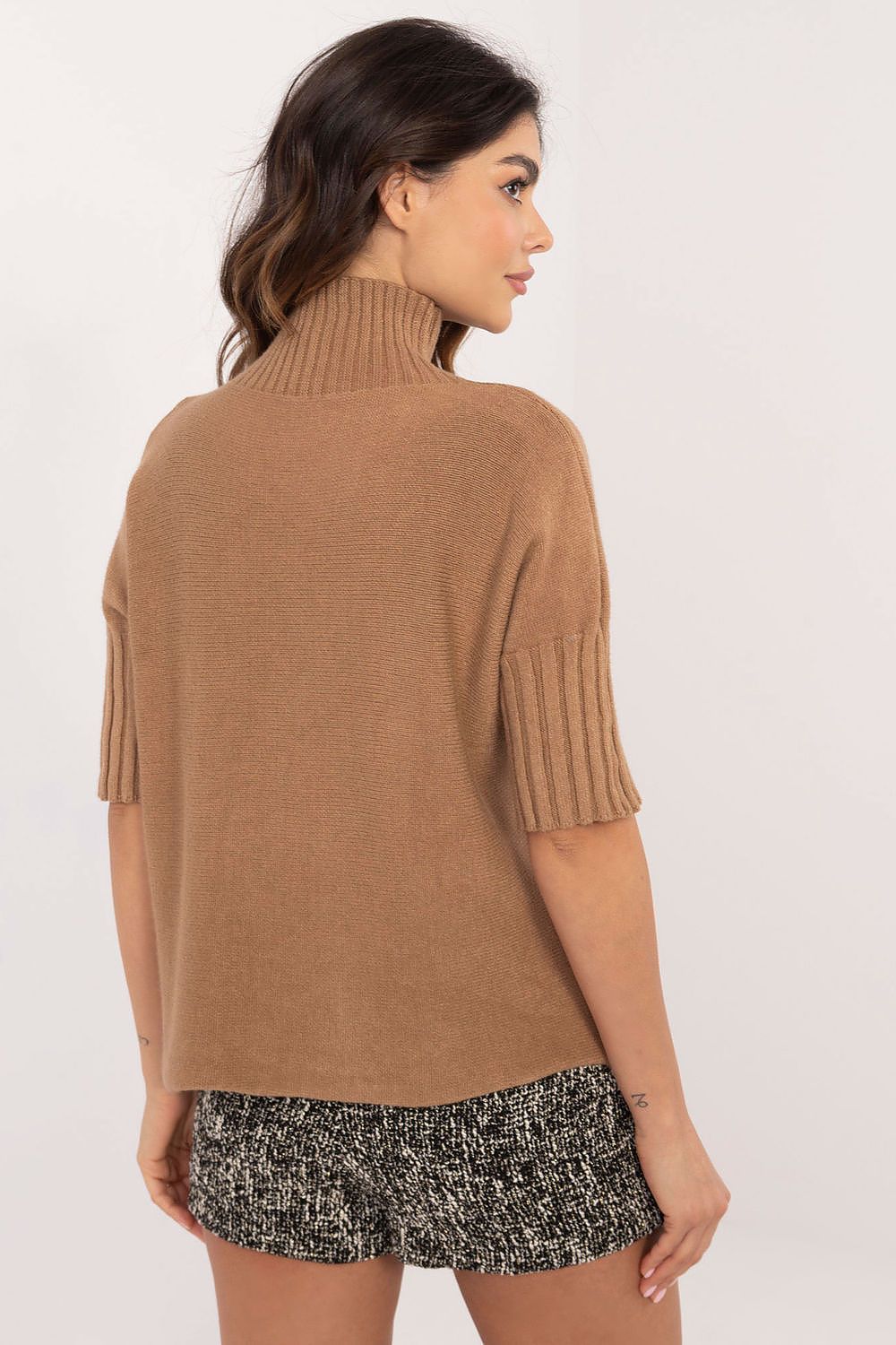 BFG brown short sleeve turtle neck sweater with ribbed sleeves worn by model from back