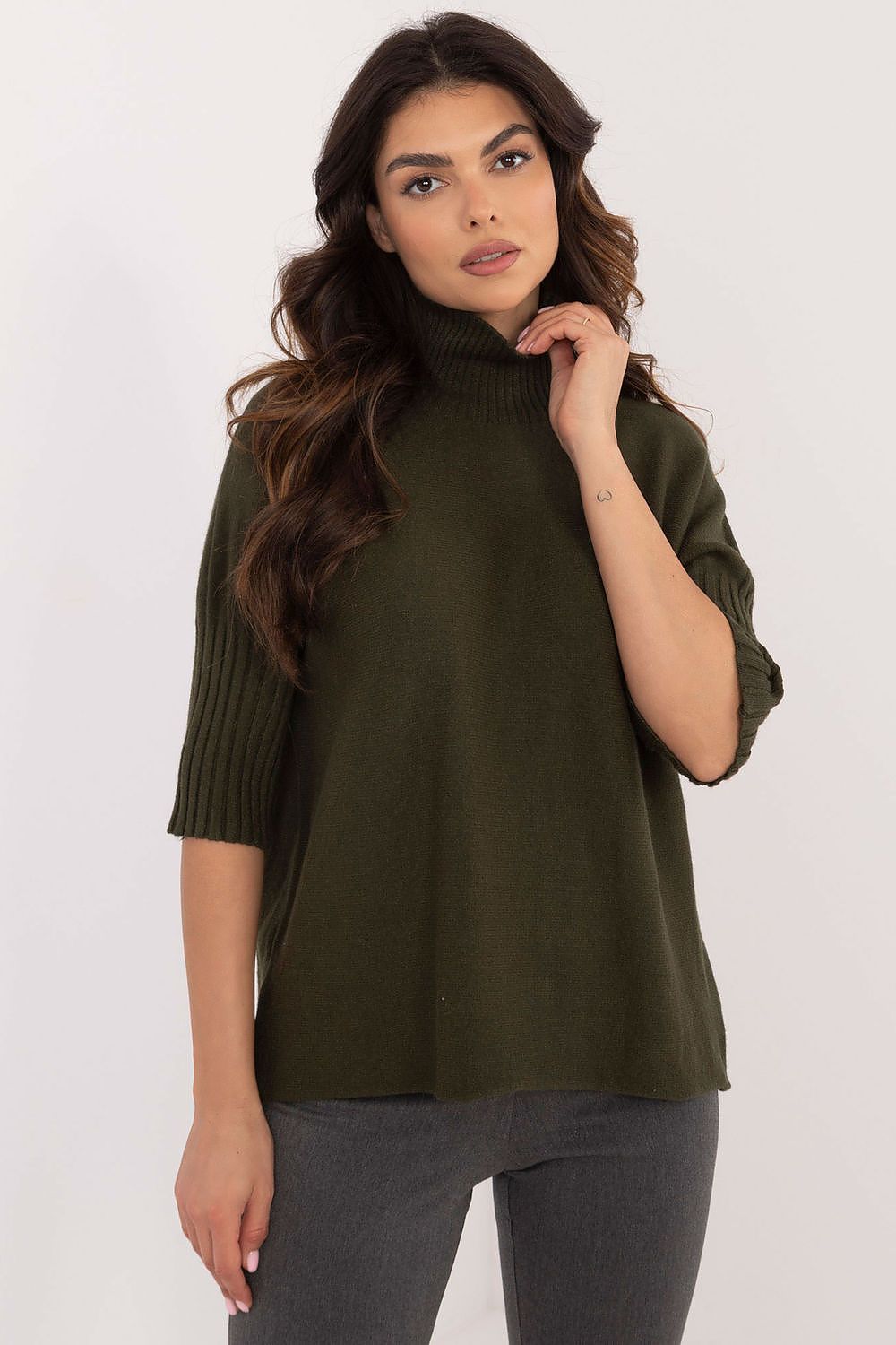 BFG short sleeve turtle neck sweater in olive green wool blend with ribbed sleeves