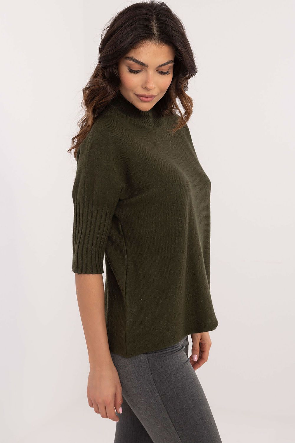 BFG short sleeve turtle neck sweater in olive green soft knitwear for women