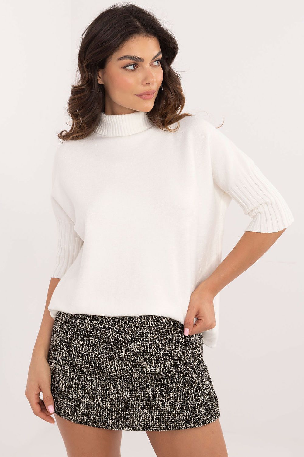 BFG white short sleeve turtle neck sweater worn by model with ribbed sleeves and relaxed fit
