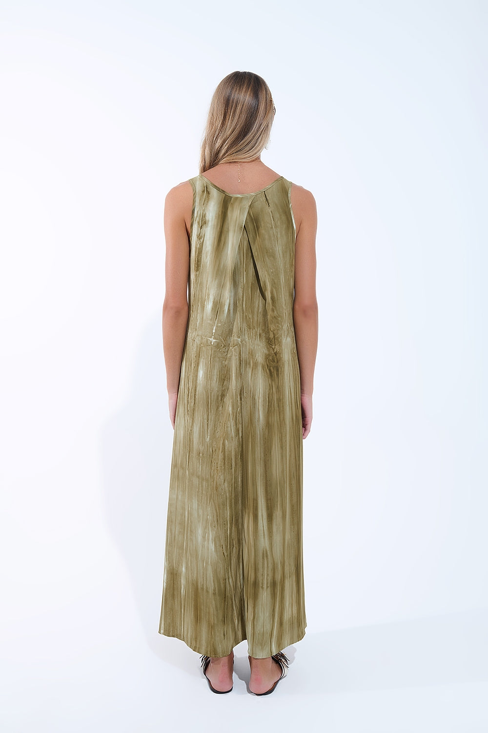 Vestido Boho Descontraído em Tie Dye Verde Kakhi em tecido de alta qualidade