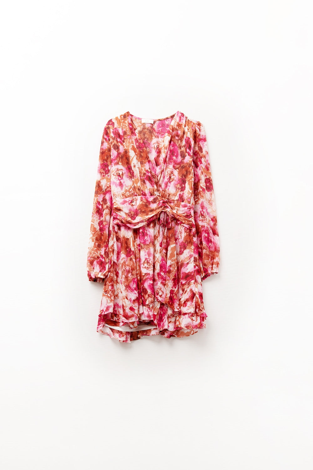 Vestido com decote em V com estampado abstrato e faixa na cintura