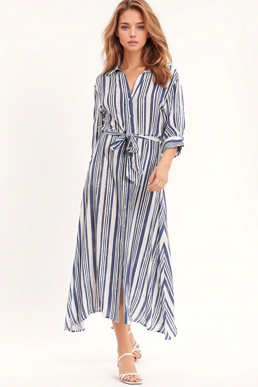 Q2 Vestido de camisa Maxi às riscas com manga 3/4 e cinto em azul e branco