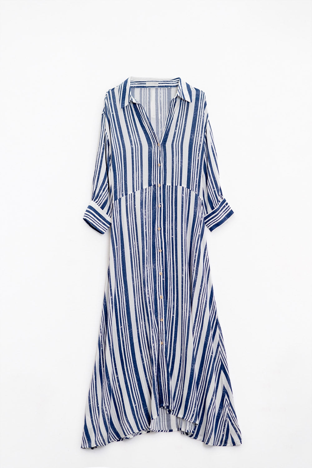 Vestido de camisa Maxi às riscas com manga 3/4 e cinto em azul e branco