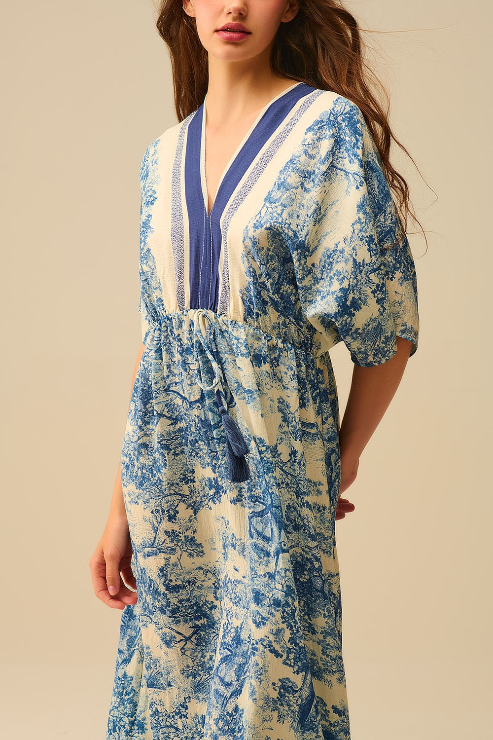 Vestido fluido com decote em V e estampado Toile de Jouy