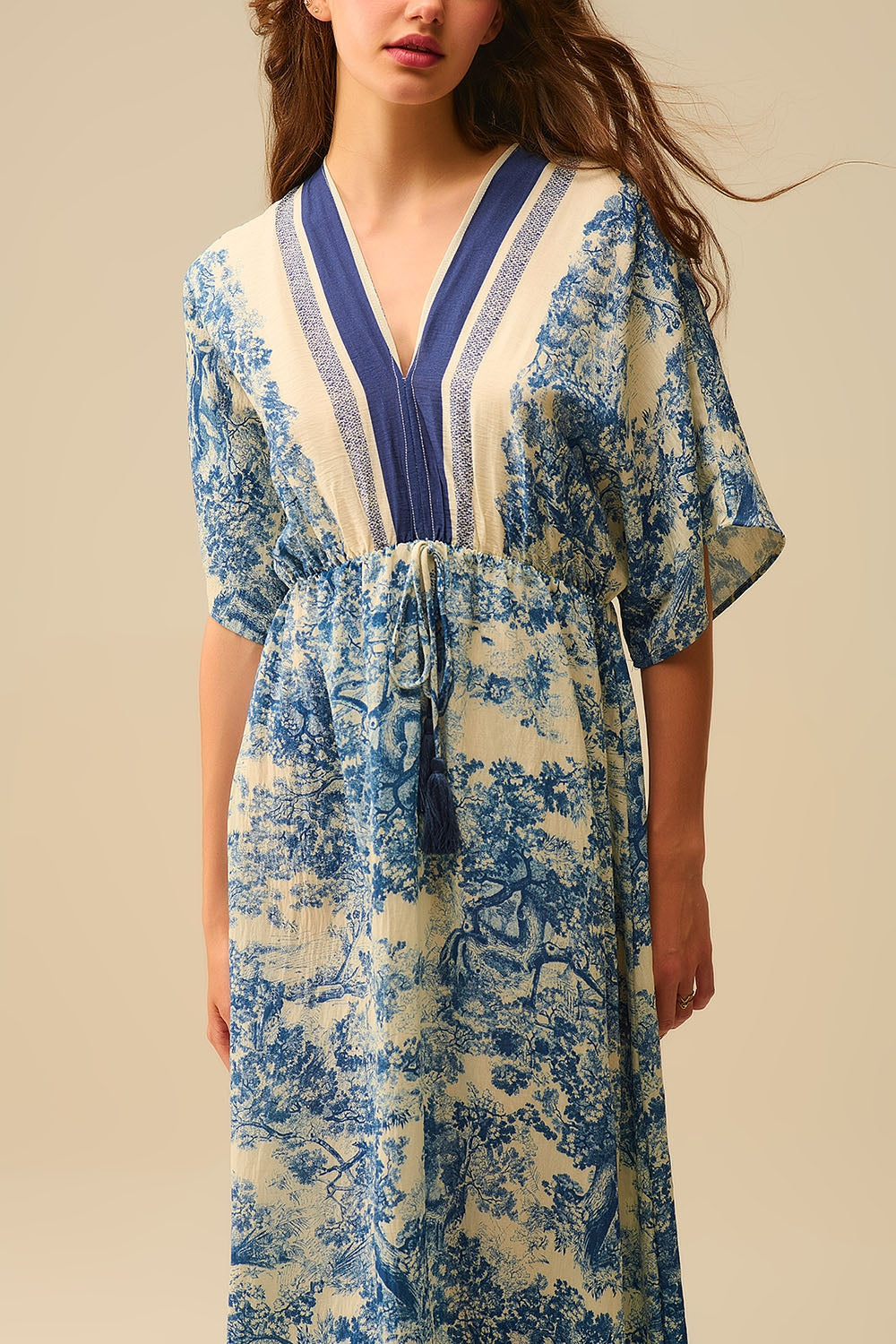 Vestido fluido com decote em V e estampado Toile de Jouy