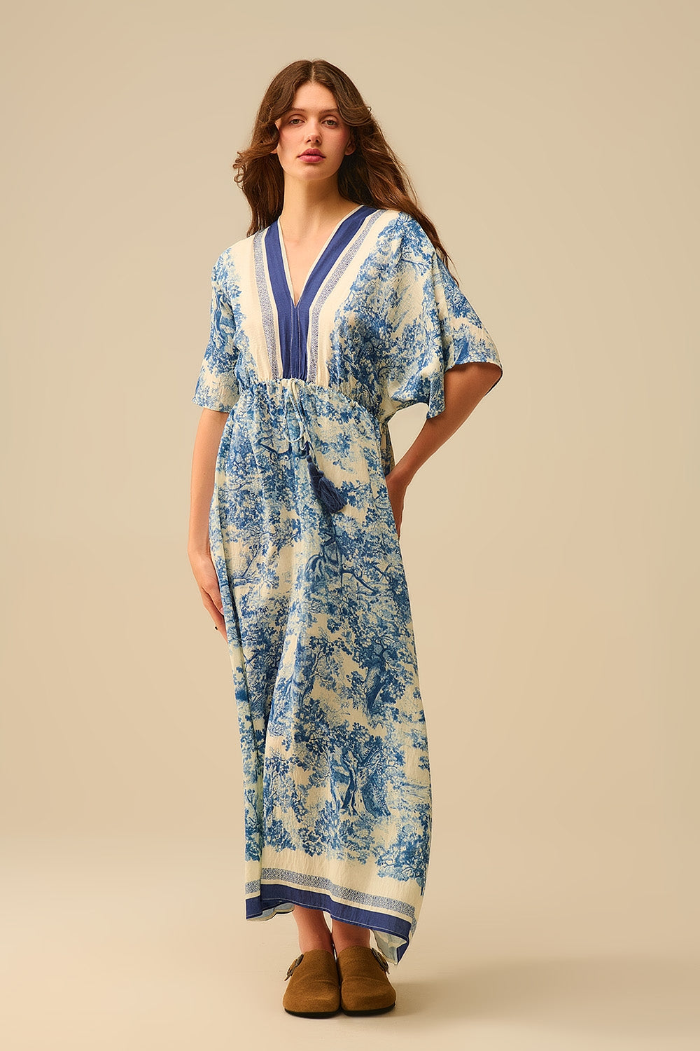 Vestido fluido com decote em V e estampado Toile de Jouy