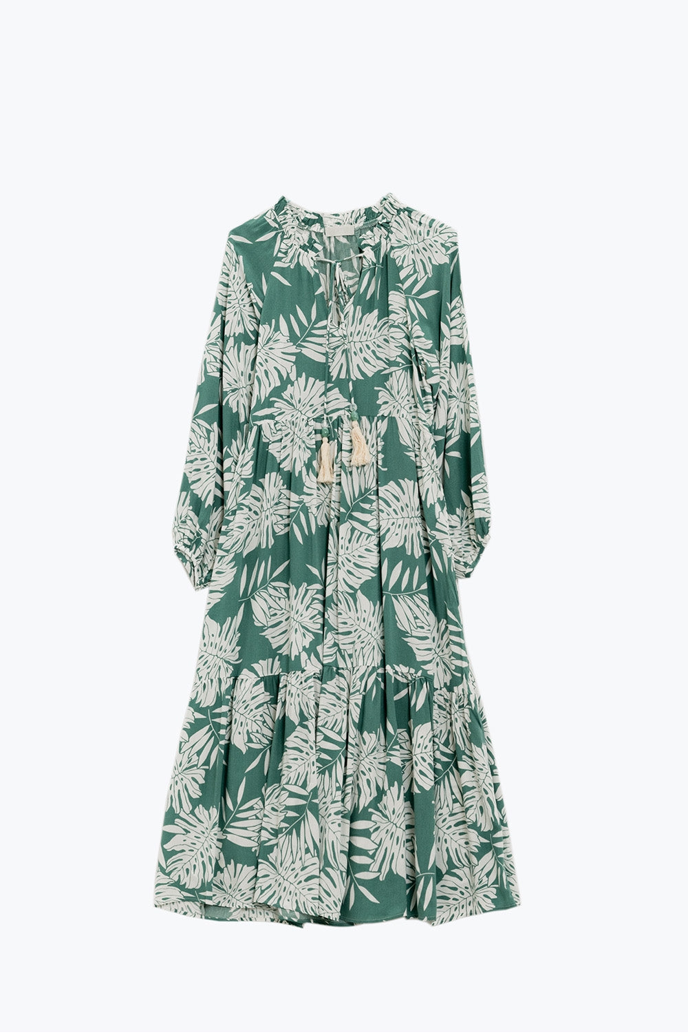 Vestido Maxi Boho com mangas em balão e estampado de folhas em verde